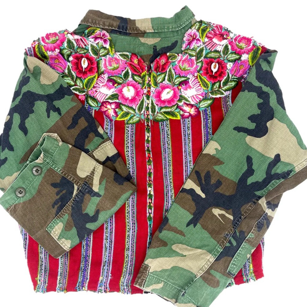 Boho Green Camouflage Jacket with Floral Embroidery